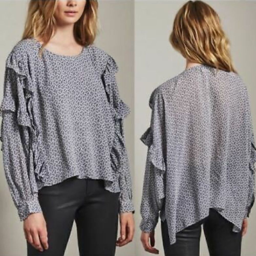 ‎AG ADRIANO GOLDSCHMIED Silk Blue Long Sleeve Ruffle Blouse Size Small